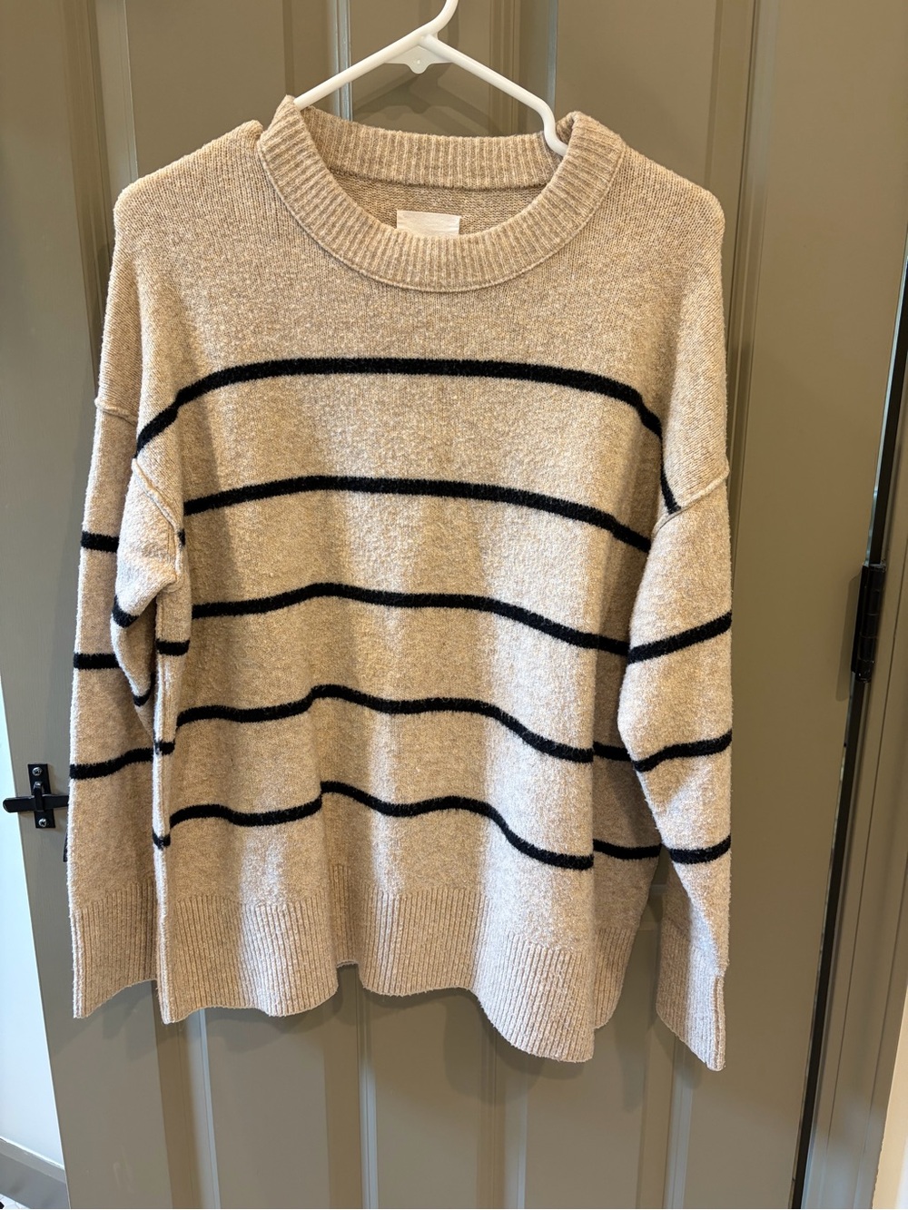 aerie Cream and Black Striped Crewneck Sweater